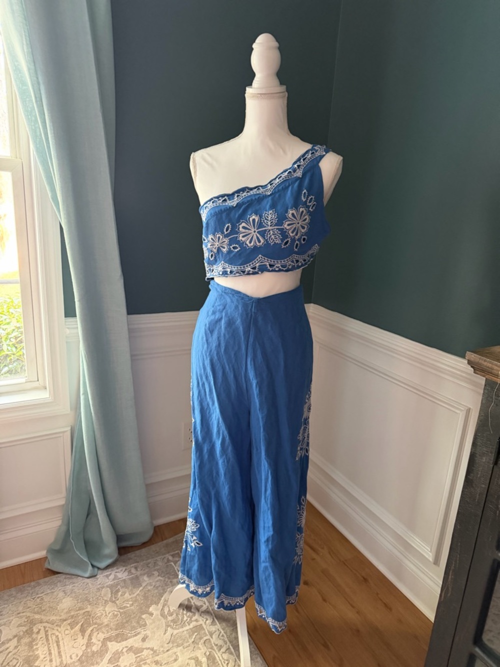 FARM Rio Blue One-Shoulder Embroidered Jumpsuit Set
